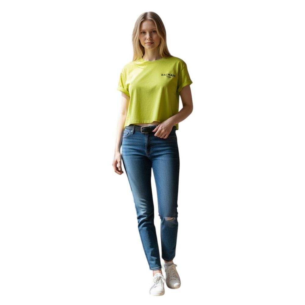 Balmain Cotton Cropped Short Sleeve T Shirt Neon Yellow Women's Size XS